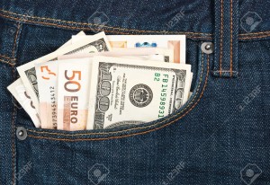 9384070-Jeans-pocket-full-of-euro-and-US-dollars-Stock-Photo